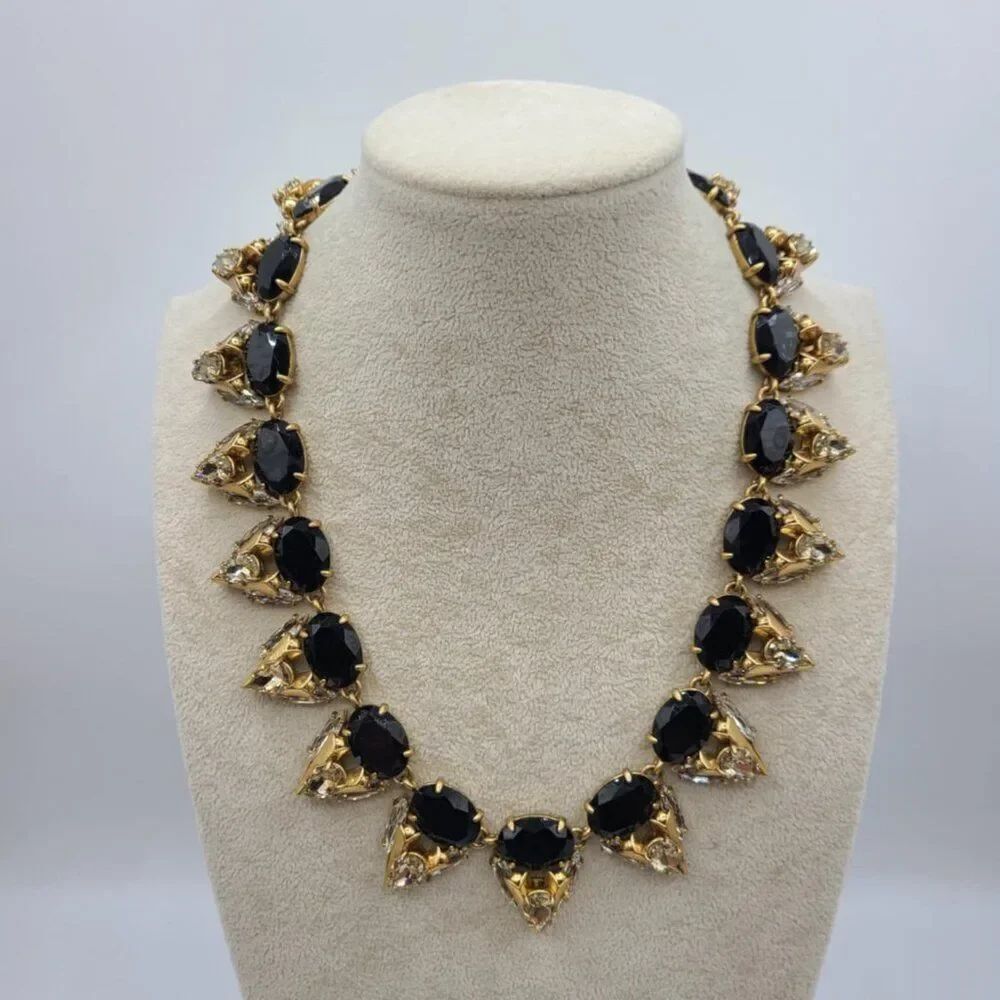 J Crew Stunning Black Resin Clear Crystal Statement Necklace Deco Look